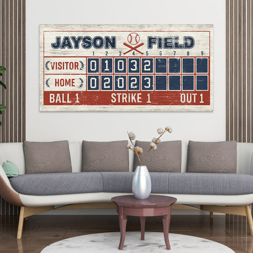 Personalized Baseball Scoreboard Canvas Sign, Family Name, Customize Sports-Themed Canvas for Home, Wall, or Room for Men, Boys