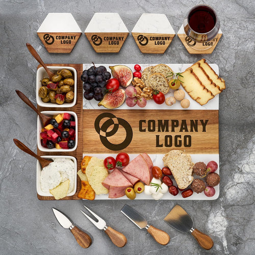 Personalized Corporate Gift, Acacia Wood & Marble Charcuterie Board