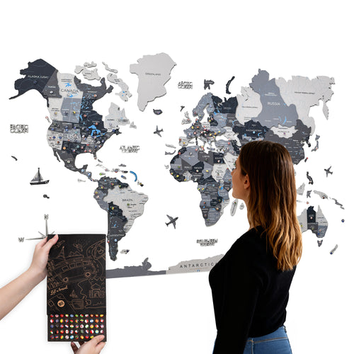 3D Wooden World Map Nordik With Push Pin Flags
