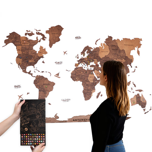 3D Wooden World Map Oak With Push Pin Flags