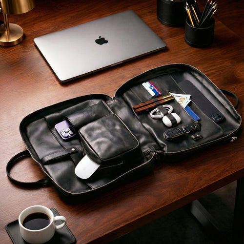 Full Grain Leather Laptop Bag with Magnetic Pocket For 14” & 16” - Black