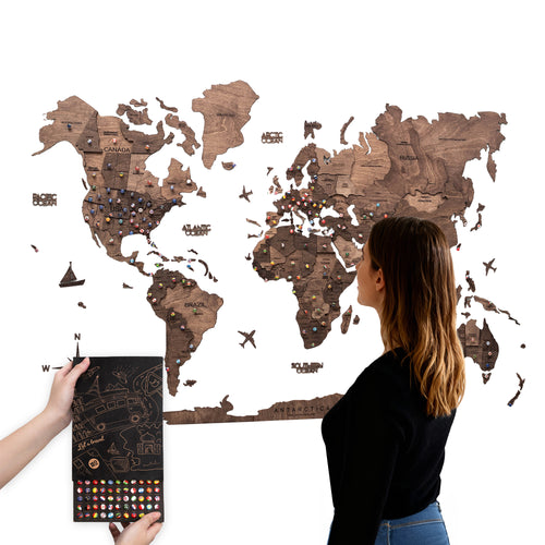 3D Wooden World Map Walnut With Push Pin Flags