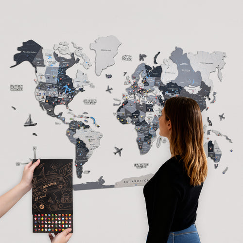 3D Wooden World Map Nordik With Push Pin Flags