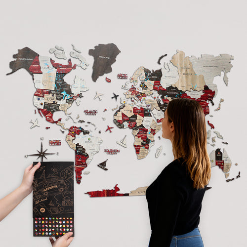 3D Wooden World Map Urban With Push Pin Flags