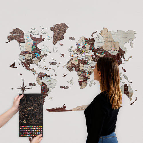 3D Wooden World Map Cappuccino With Push Pin Flags