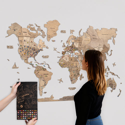3D Wooden World Map Terra With Push Pin Flags