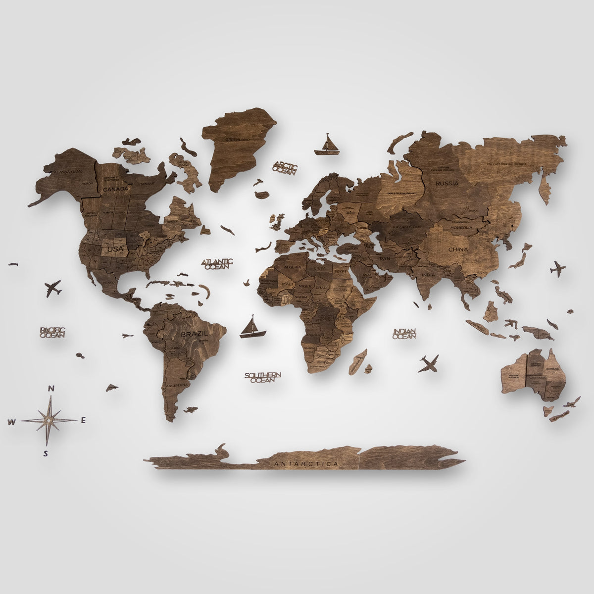 Wooden World Map 3D - Walnut 