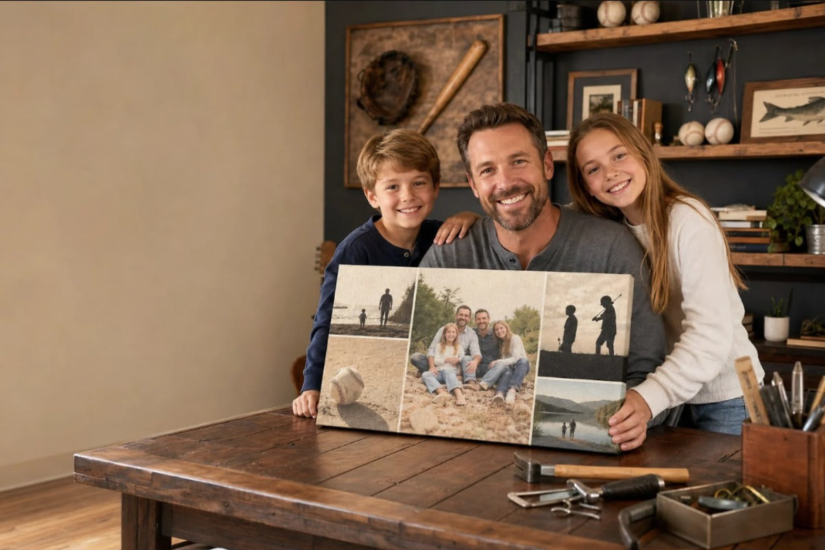 Dad receiving a personalized photo canvas gift from kids