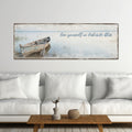 Lose Yourself in Lakeside Bliss Canvas, Lake House Wall Art, Rustic Wooden Boat Print, Panoramic Lake Decor, Cabin Bedroom Art