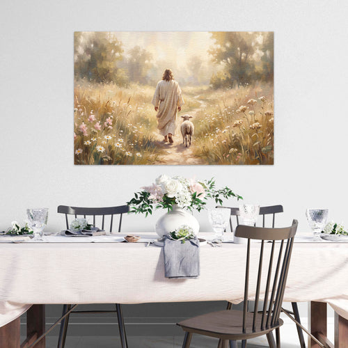 Jesus With Lamb Canvas Wall Art, Christian Canvas Wall Art, Jesus Walking With Lamb Painting, Faith Wall Decor