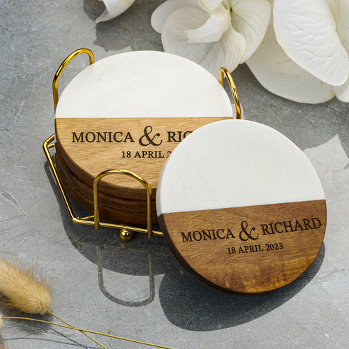 Personalized Marble & 4pcs Wood Coasters with Holder | Wedding Gift