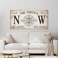 Personalized Compass Coordinates Canvas, Custom Family Name Wall Art