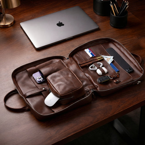 Full Grain Leather Laptop Bag with Magnetic Pocket For 14” & 16” - Brown