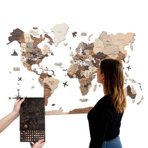3D Wooden World Map Multicolor With Push Pin Flags