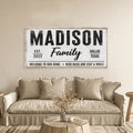 Personalized Family Rustic Canvas Sign - WELCOME TO OUR HOME, KICK BACK AND STAY A WHILE Last Name Signs For Home