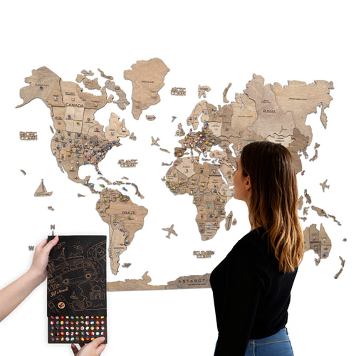 3D Wooden World Map Terra With Push Pin Flags