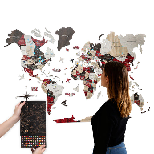 3D Wooden World Map Urban With Push Pin Flags