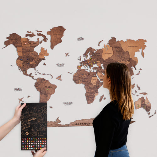 3D Wooden World Map Oak With Push Pin Flags