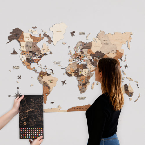 3D Wooden World Map Multicolor With Push Pin Flags