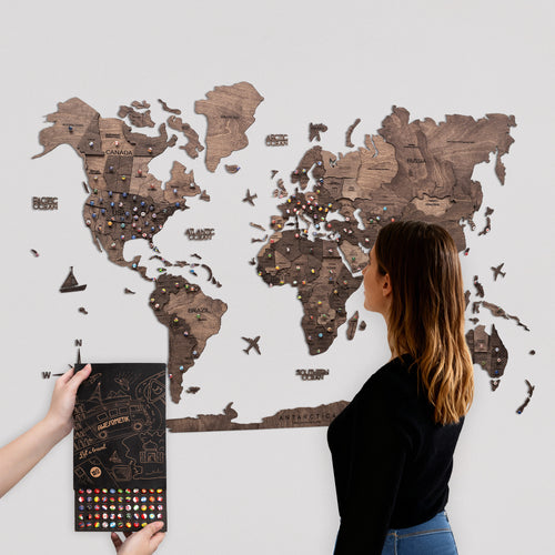 3D Wooden World Map Walnut With Push Pin Flags