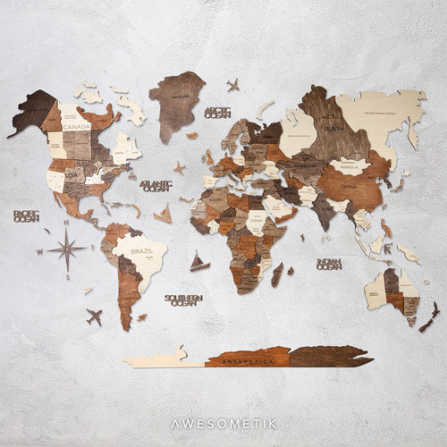 3D Wooden World Map Multicolor