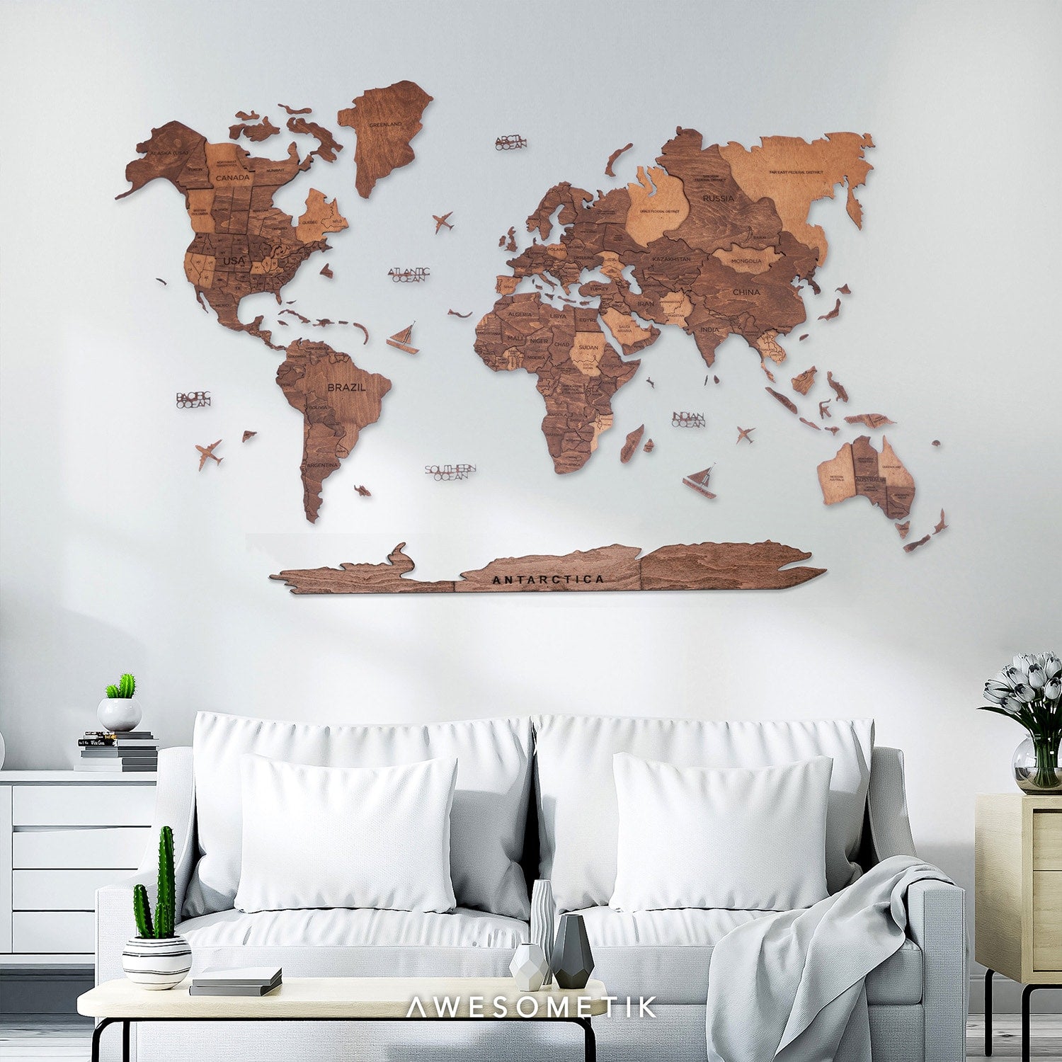 3D Wooden World Map Walnut