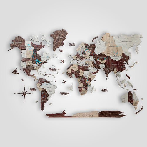 3D Wooden World Map Cappuccino