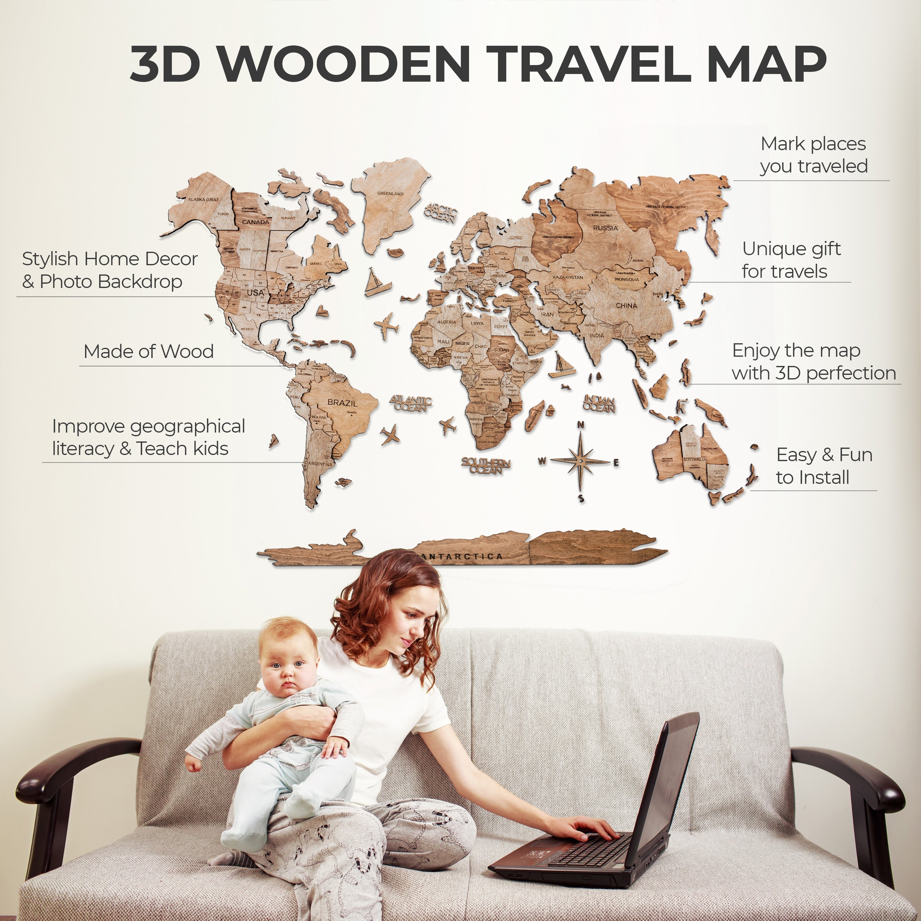 3D Wooden World Map Terra – Awesometik