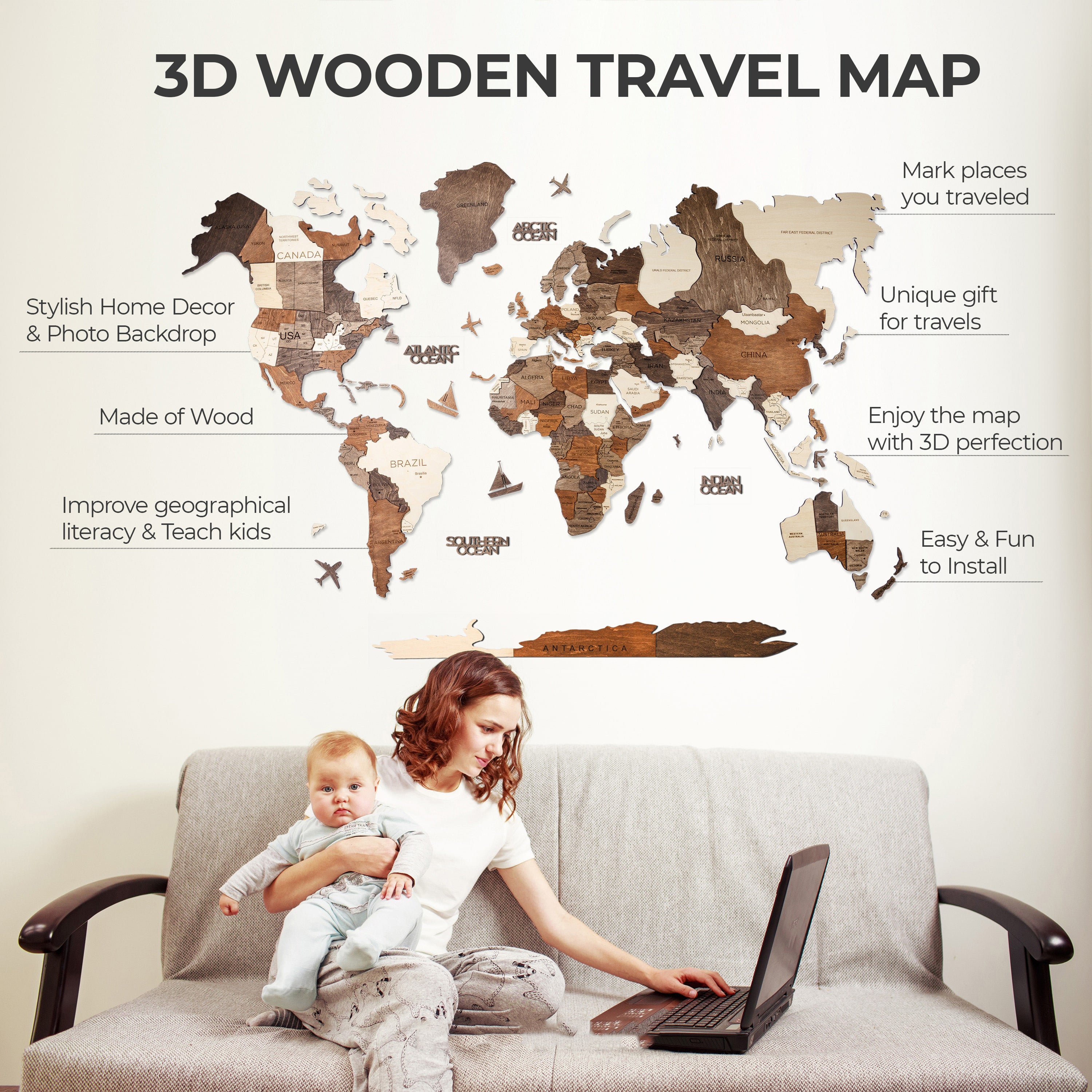 3D Wooden World Map Oak – Awesometik