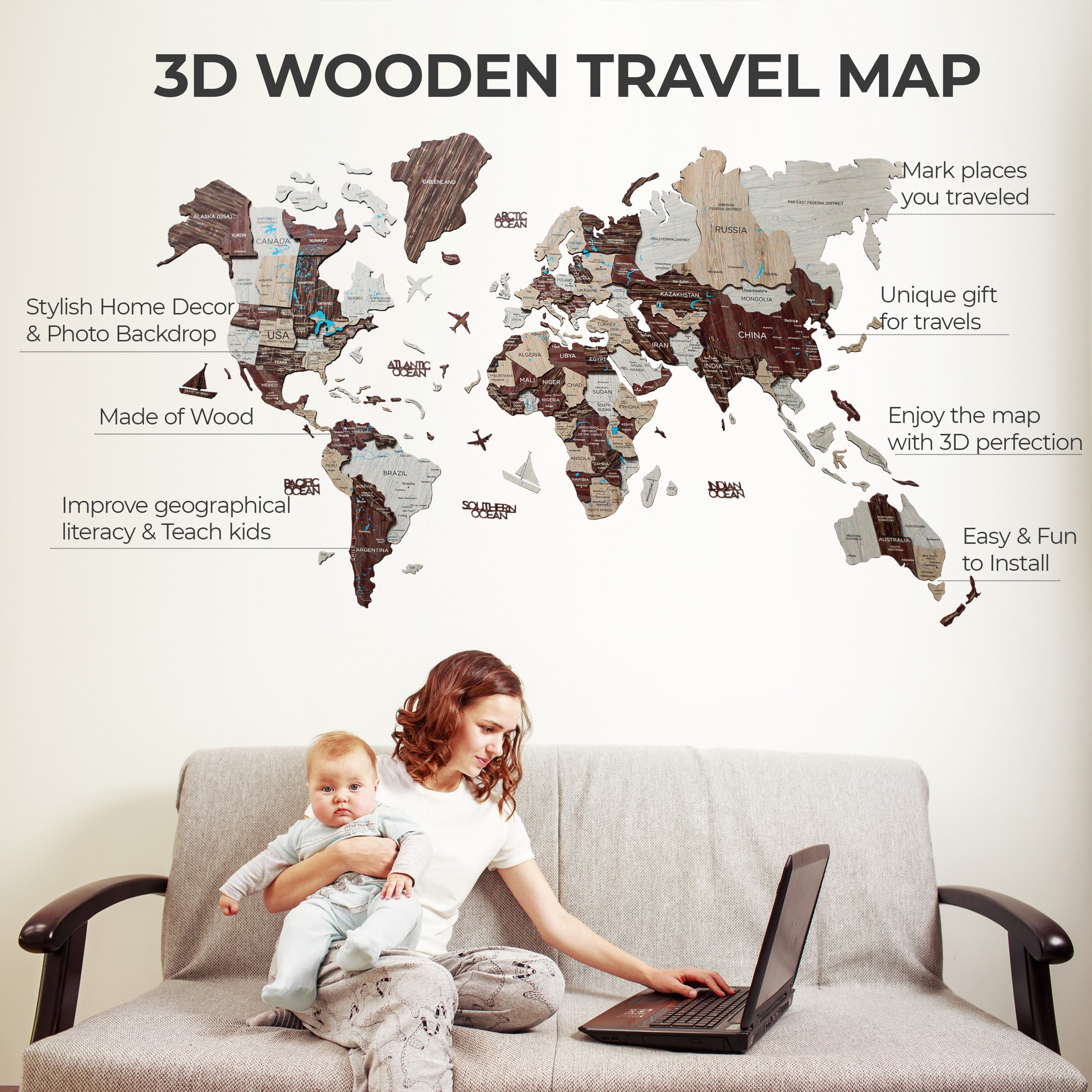 3D Wooden World Map Cappuccino – Awesometik